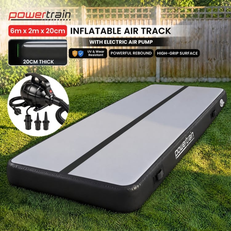 Powertrain 6m x 2m Inflatable Air Track 20cm Thick Gymnastics Exercise Tumbling Mat in Grey Black with Electric Pump image 3