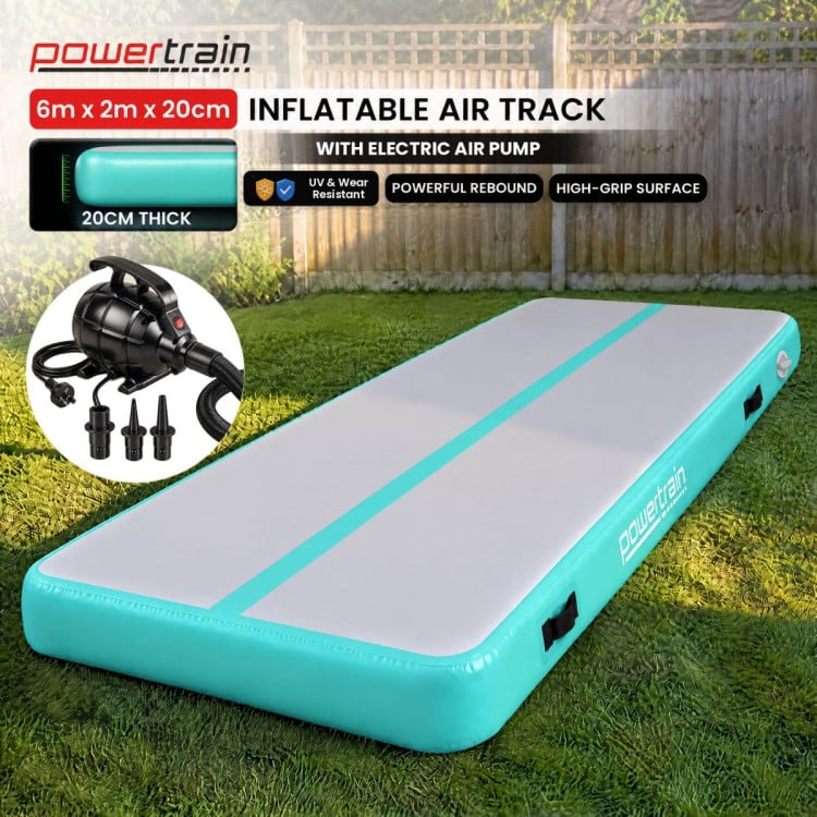 Powertrain 6m x 2m Inflatable Air Track 20cm Thick Gymnastics Exercise Tumbling Mat in Grey Green with Electric Pump image 3