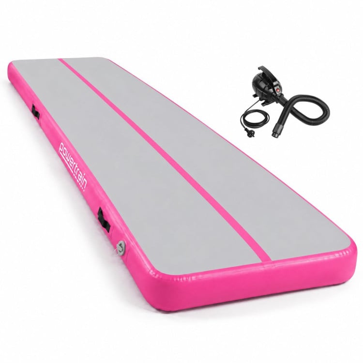 Powertrain 6m x 2m Inflatable Air Track 20cm Thick Gymnastics Exercise Tumbling Mat in Grey Pink with Electric Pump