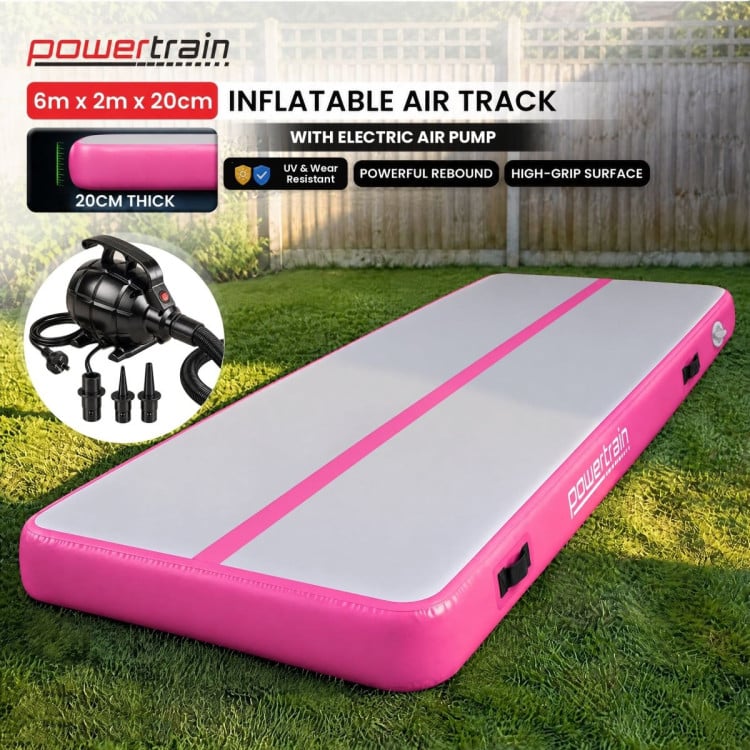 Powertrain 6m x 2m Inflatable Air Track 20cm Thick Gymnastics Exercise Tumbling Mat in Grey Pink with Electric Pump image 3