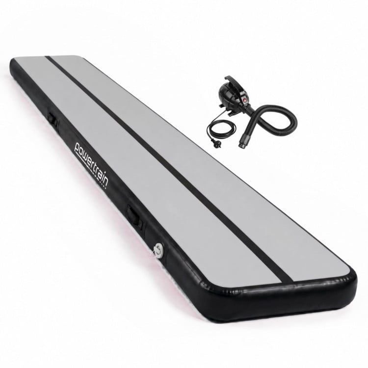 Powertrain 7m x 1m Inflatable Air Track 20cm Thick Gymnastics Exercise Tumbling Mat in Grey Black with Electric Pump