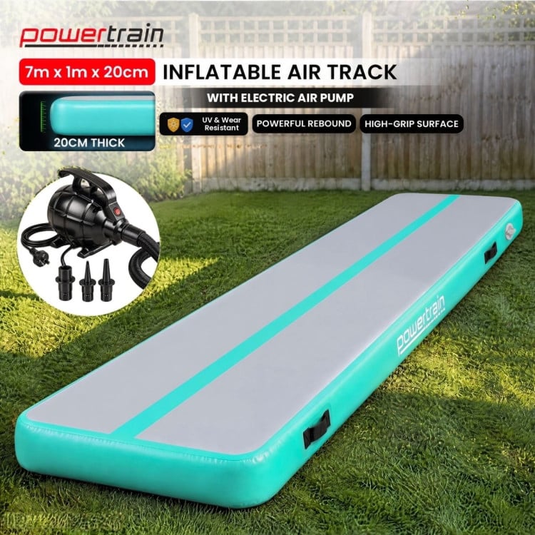 Powertrain 7m x 1m Inflatable Air Track 20cm Thick Gymnastics Exercise Tumbling Mat in Grey Green with Electric Pump image 3