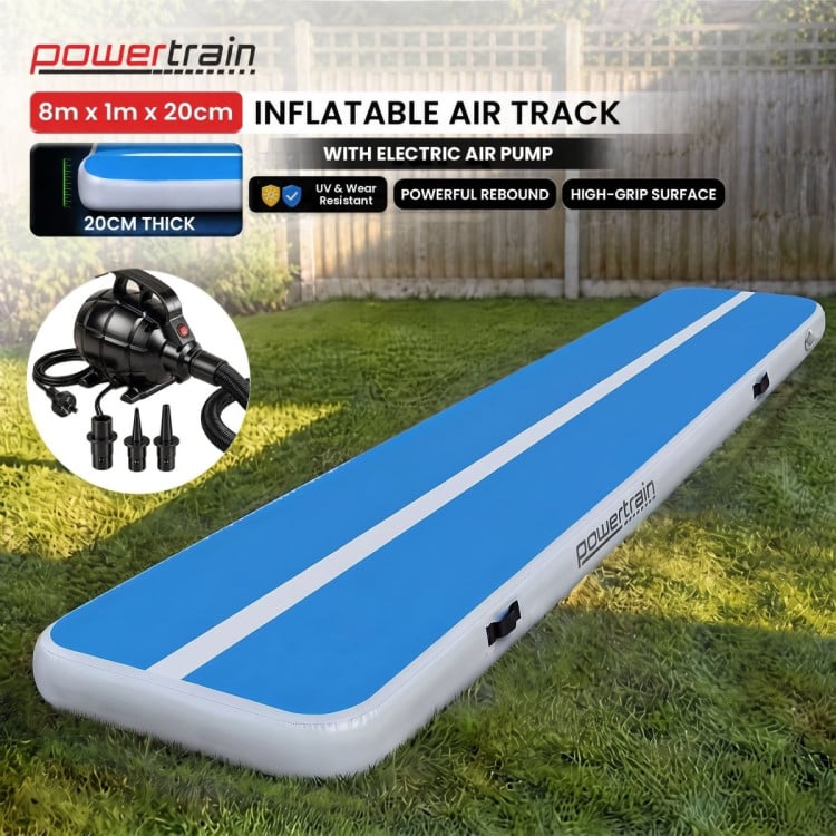 Powertrain 8m x 1m Inflatable Air Track 20cm Thick Gymnastics Exercise Tumbling Mat in Blue White with Electric Pump image 3