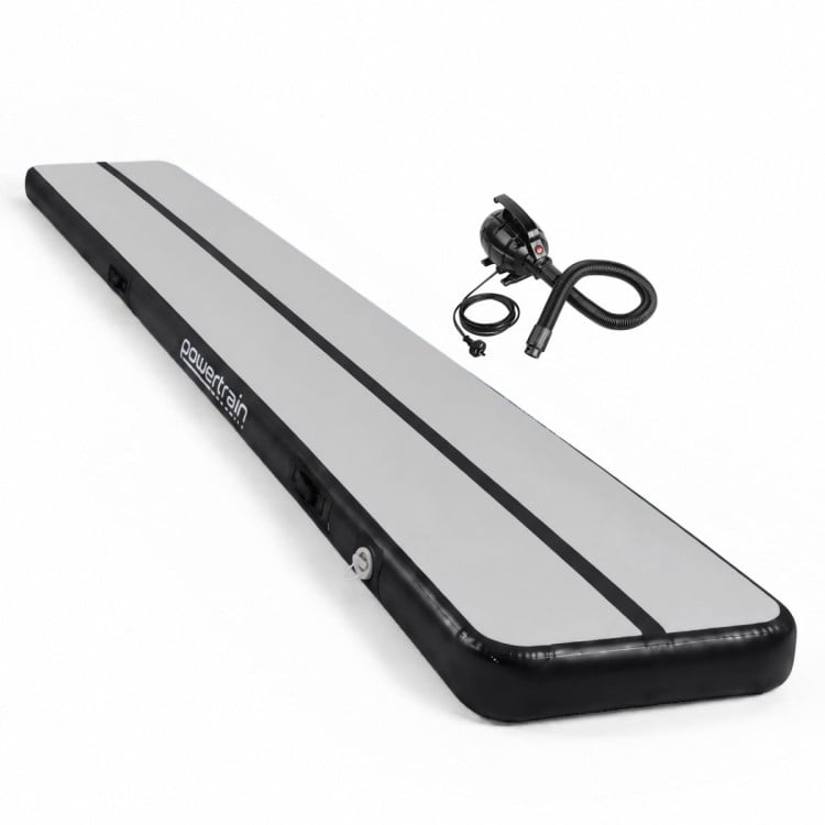 Powertrain 8m x 1m Inflatable Air Track 20cm Thick Gymnastics Exercise Tumbling Mat in Grey Black with Electric Pump