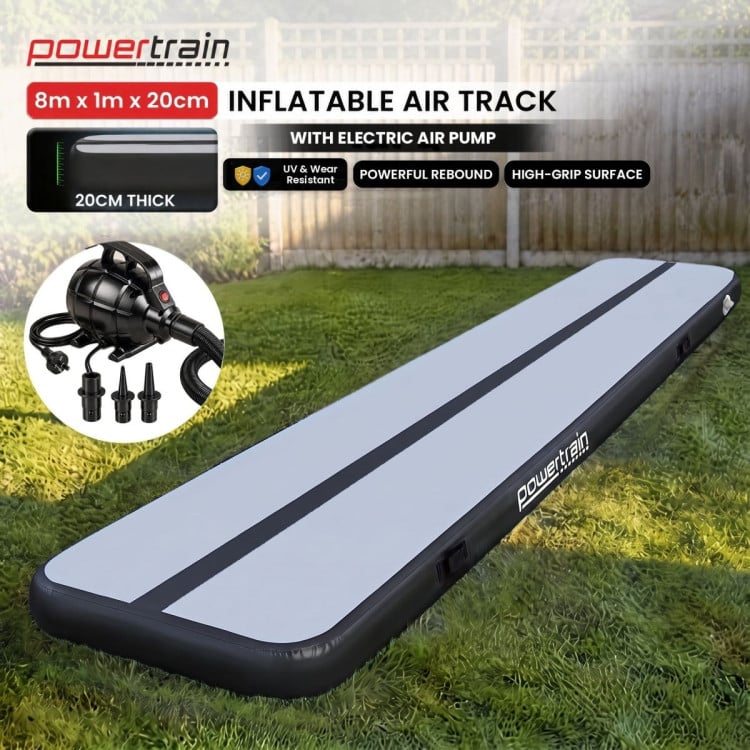 Powertrain 8m x 1m Inflatable Air Track 20cm Thick Gymnastics Exercise Tumbling Mat in Grey Black with Electric Pump image 3