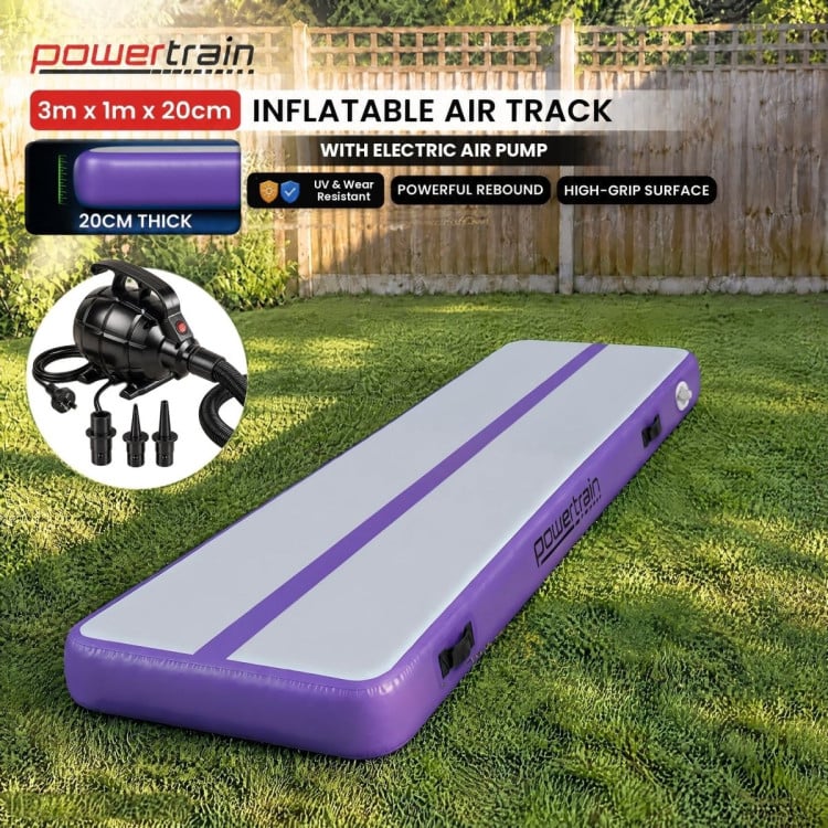 Powertrain 3m x 1m Inflatable Air Track 20cm Thick Gymnastics Exercise Tumbling Mat in Grey Purple with Electric Pump image 3