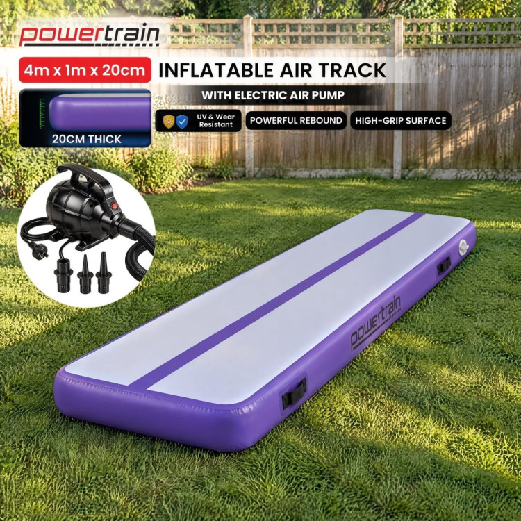 Powertrain 4m x 1m Inflatable Air Track 20cm Thick Gymnastics Exercise Tumbling Mat in Grey Purple with Electric Pump image 3