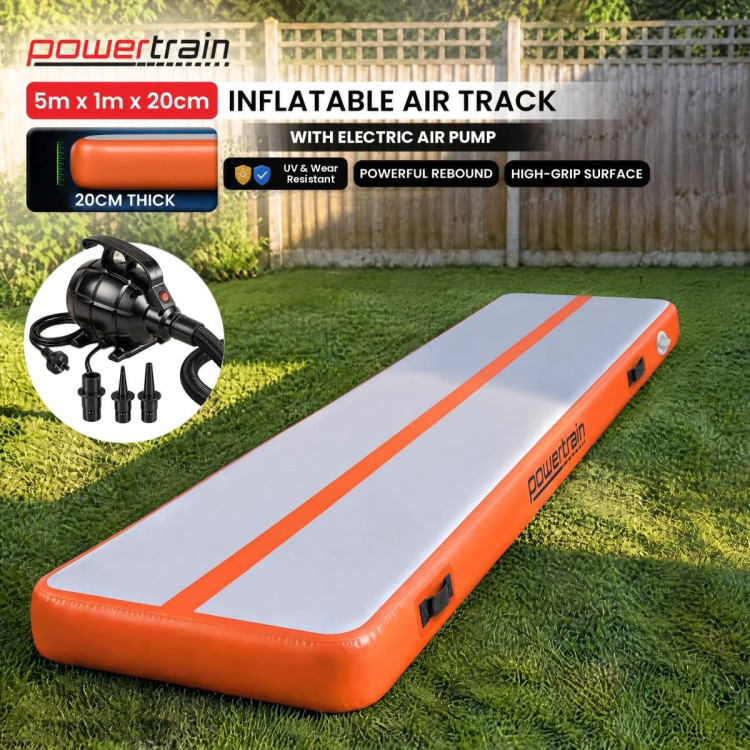 Powertrain 5m x 1m Inflatable Air Track 20cm Thick Gymnastics Exercise Tumbling Mat in Grey Orange with Electric Pump image 3