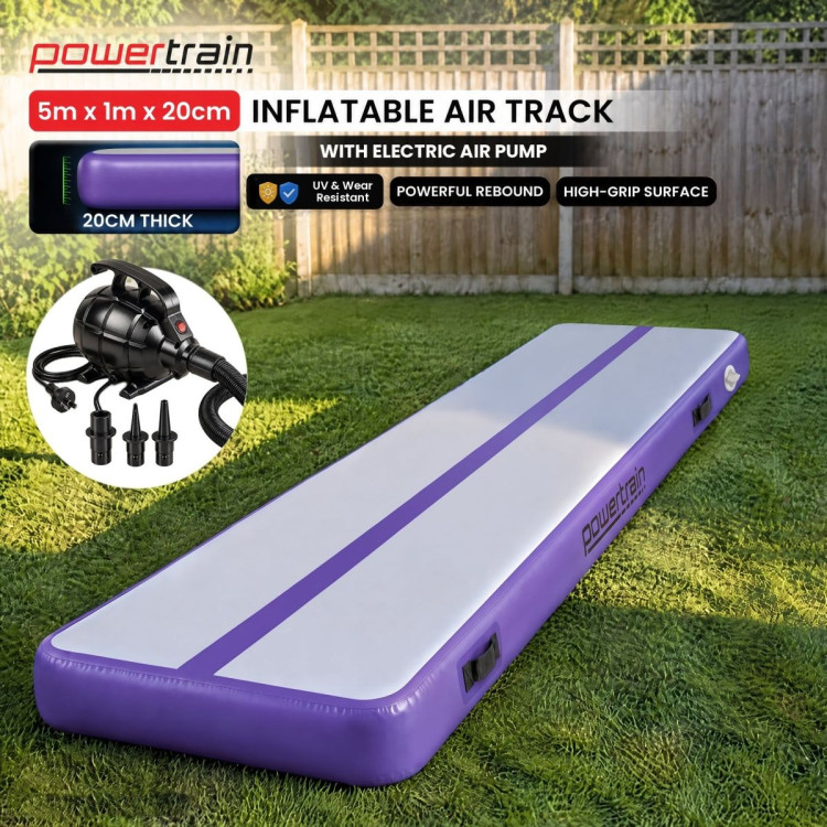 Powertrain 5m x 1m Inflatable Air Track 20cm Thick Gymnastics Exercise Tumbling Mat in Grey Purple with Electric Pump image 3