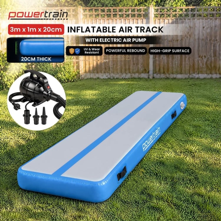 Powertrain 3m x 1m Inflatable Air Track 20cm Thick Gymnastics Exercise Tumbling Mat in Blue with Electric Pump image 3