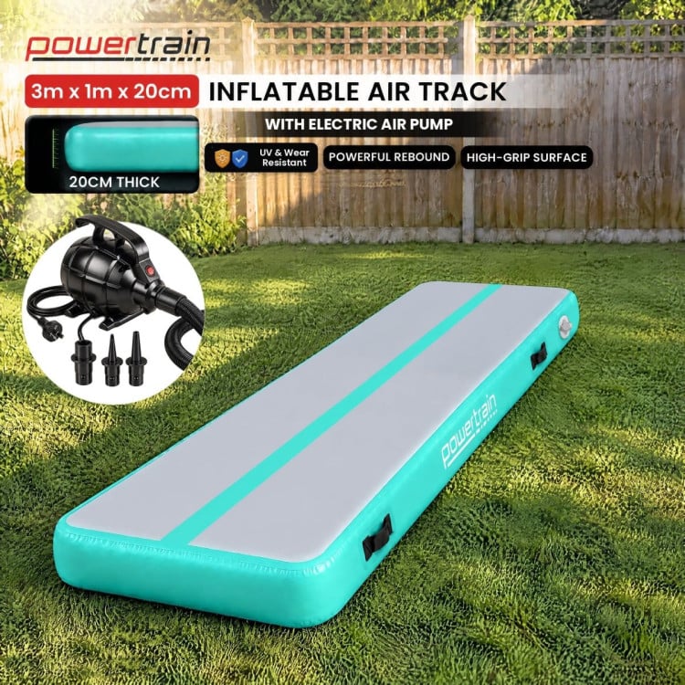 Powertrain 3m x 1m Inflatable Air Track 20cm Thick Gymnastics Exercise Tumbling Mat in Green with Electric Pump image 3