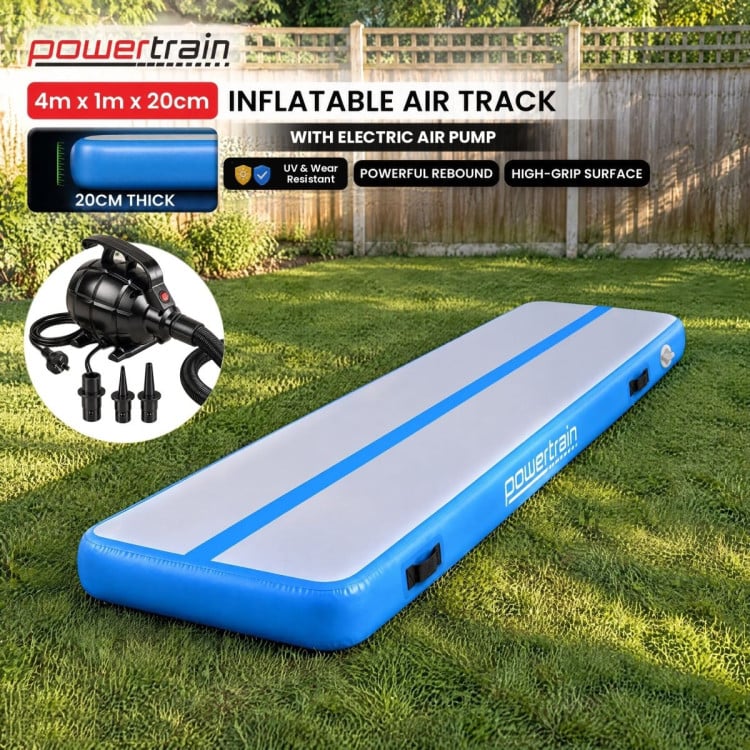 Powertrain 4m x 1m Inflatable Air Track 20cm Thick Gymnastics Exercise Tumbling Mat in Blue with Electric Pump image 3