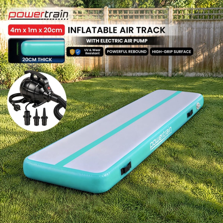 Powertrain 4m x 1m Inflatable Air Track 20cm Thick Gymnastics Exercise Tumbling Mat in Green with Electric Pump image 3