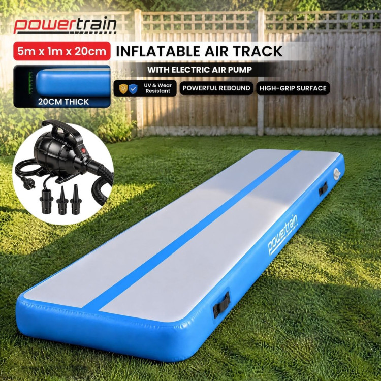 Powertrain 5m x 1m Inflatable Air Track 20cm Thick Gymnastics Exercise Tumbling Mat in Blue with Electric Pump image 3