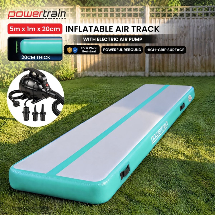 Powertrain 5m x 1m Inflatable Air Track 20cm Thick Gymnastics Exercise Tumbling Mat in Green with Electric Pump image 3