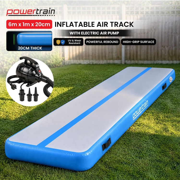 Powertrain 6m x 1m Inflatable Air Track 20cm Thick Gymnastics Exercise Tumbling Mat in Blue with Electric Pump image 3