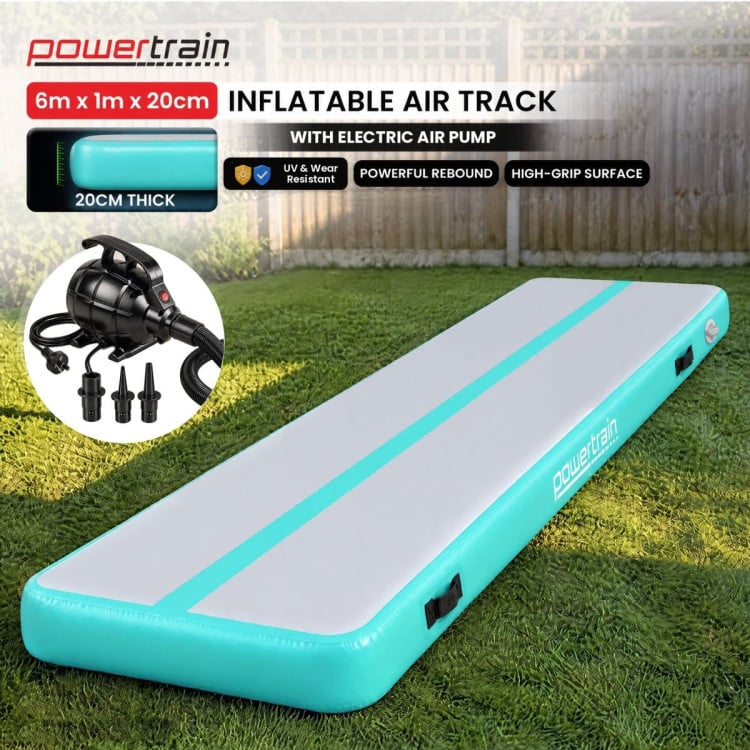 Powertrain 6m x 1m Inflatable Air Track 20cm Thick Gymnastics Exercise Tumbling Mat in Green with Electric Pump image 3