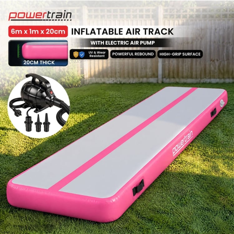 Powertrain 6m x 1m Inflatable Air Track 20cm Thick Gymnastics Exercise Tumbling Mat in Pink with Electric Pump image 3