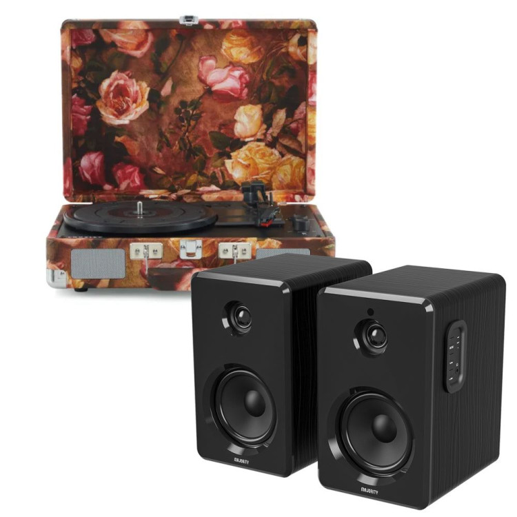 Crosley Cruiser Bluetooth Portable Turntable - Floral + Bundled Majority D40 Bluetooth Speakers - Black