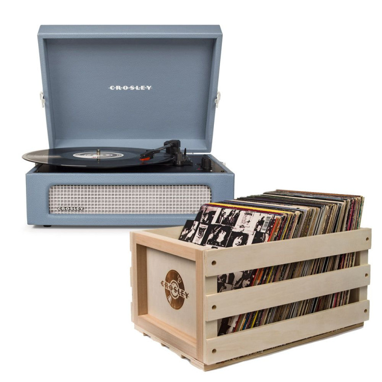 Crosley Voyager Bluetooth Portable Turntable - Washed Blue + Bundled Record Storage Crate