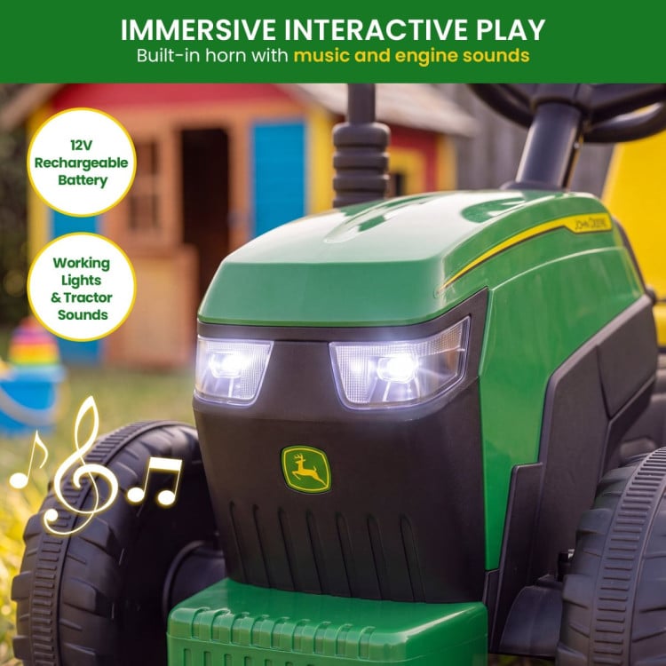John Deere 12V Ride On Tractor with Trailer Working Lights & Remote image 9
