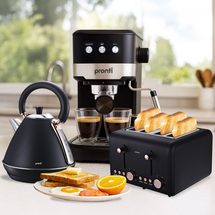 Pronti Breakfast Set with Rose Gold Kettle & Toaster with 1.2L Espresso Machine - Black image 13