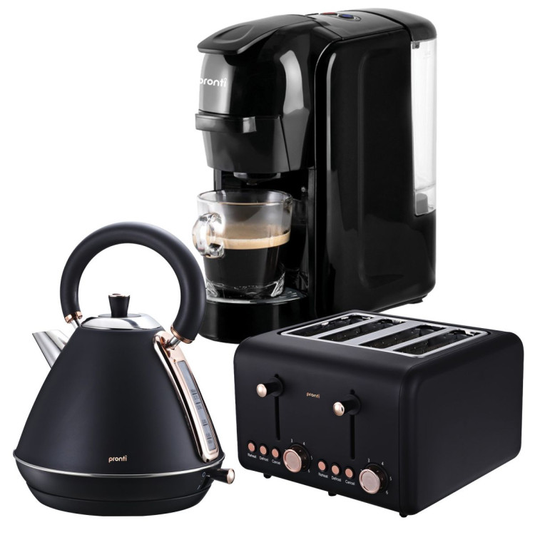 Pronti 3-in-1 Black Breakfast Set Kettle, 4-Slice Toaster and Pronti HomeMaid Coffee Machine Appliance Combo