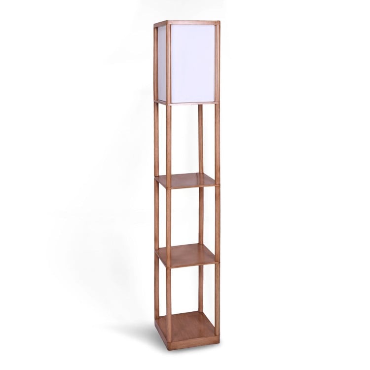 Sarantino Etagere Floor Lamp Off-White Fabric Shade Oak Wood Finish