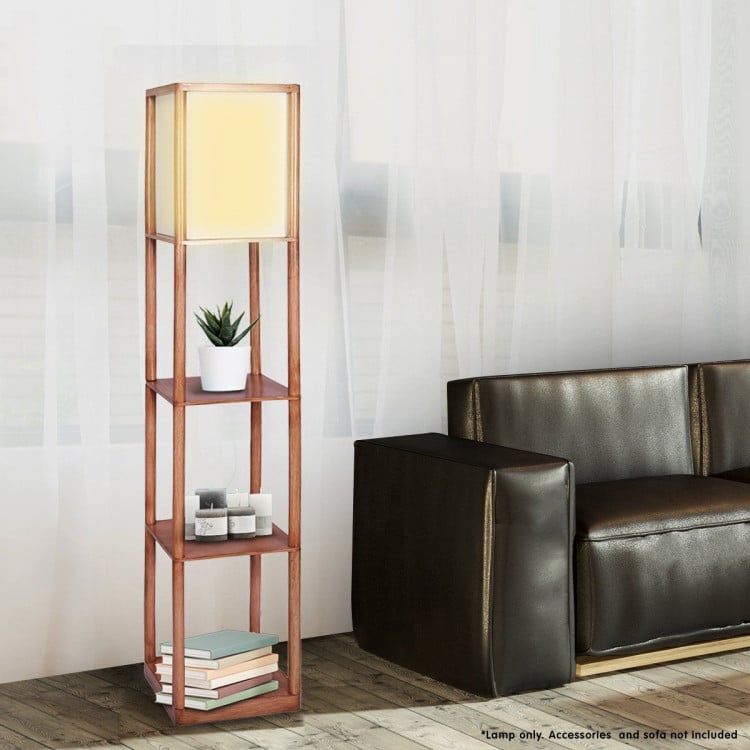 Sarantino Etagere Floor Lamp Off-White Fabric Shade Oak Wood Finish image 6
