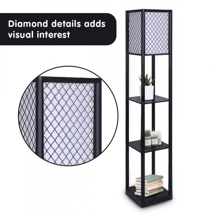 Sarantino Etagere Floor Lamp Diamond Design Fabric Shade Shelves Black image 5