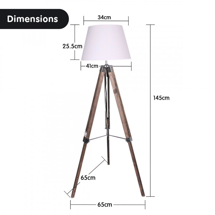 Solid Wood Tripod Floor Lamp Adjustable Height White Linen Taper Shade image 3