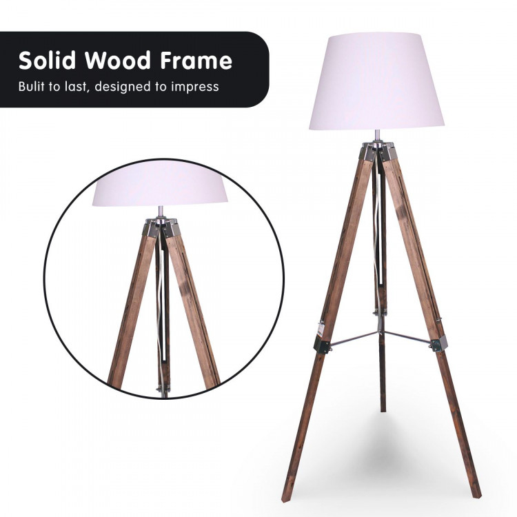 Solid Wood Tripod Floor Lamp Adjustable Height White Linen Taper Shade image 4