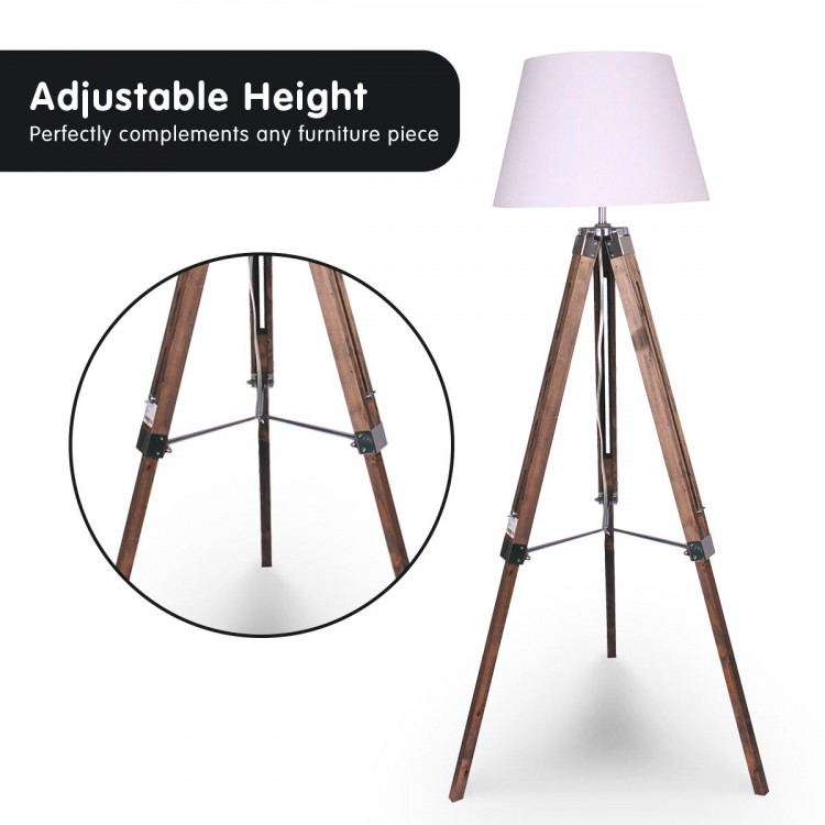 Solid Wood Tripod Floor Lamp Adjustable Height White Linen Taper Shade image 5