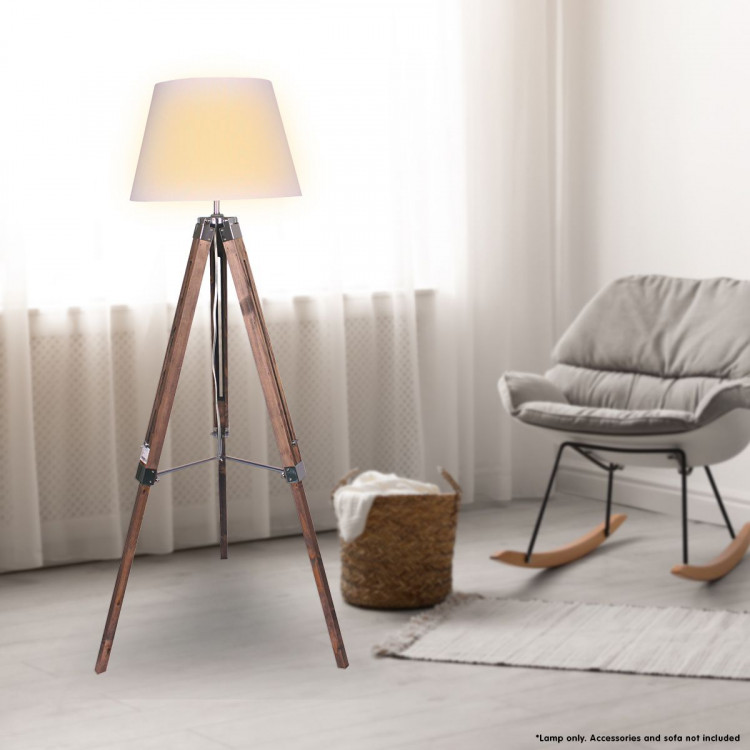 Solid Wood Tripod Floor Lamp Adjustable Height White Linen Taper Shade image 6