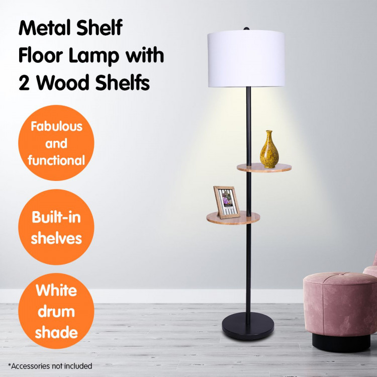 Sarantino Metal Floor Lamp Shade w/ Black Post Round Wood Shelves image 7
