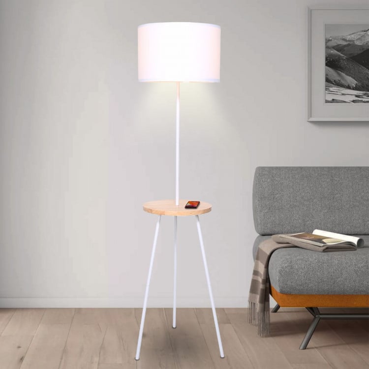 Metal Tripod Floor Lamp Shade with Wooden Table Shelf image 7