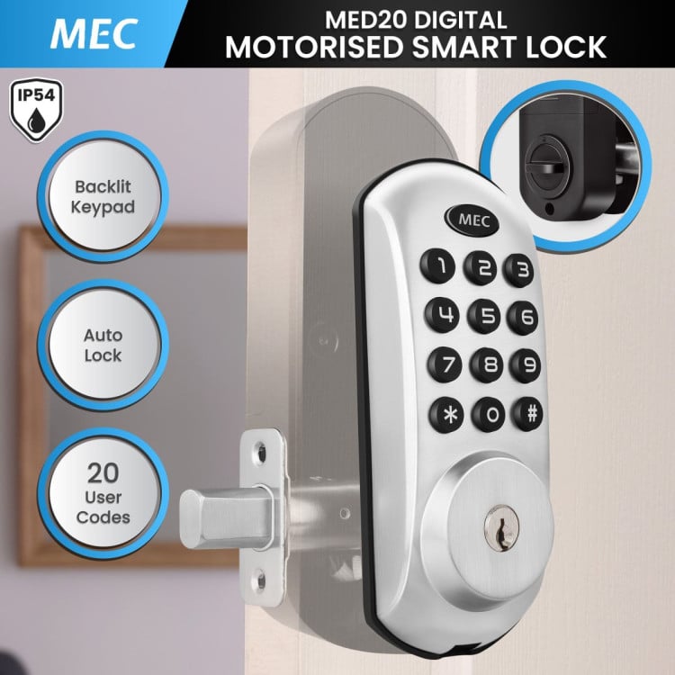 MEC Digital Motorised Smart Lock 20 User Codes Auto-Lock Backlit Keypad Chrome image 3