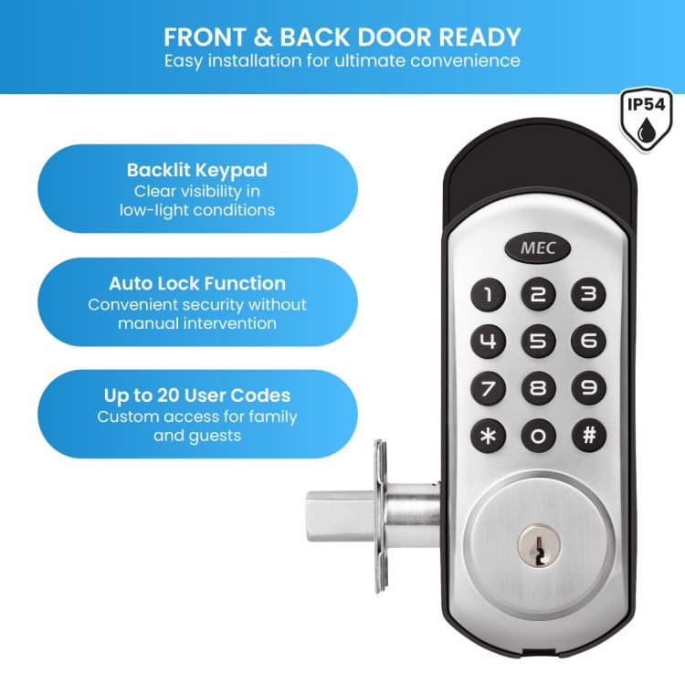 MEC Digital Motorised Smart Lock 20 User Codes Auto-Lock Backlit Keypad Chrome image 6