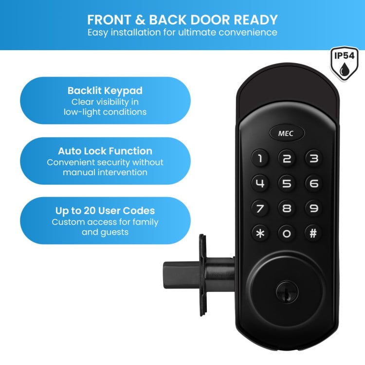 MEC Digital Motorised Smart Lock 20 User Codes Auto-Lock Backlit Keypad Matte Black image 5