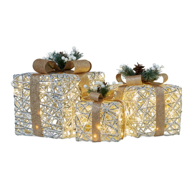 3 Piece Christmas Present Display Set with Lights & Gold Bows