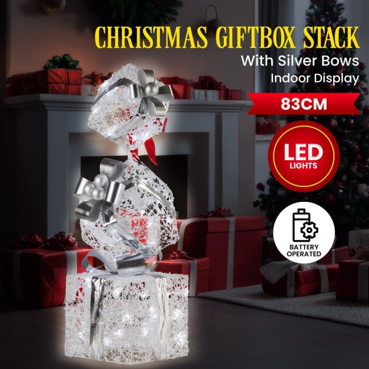 83cm Triple Christmas Silver Giftbox Stack Display with Lights image 4