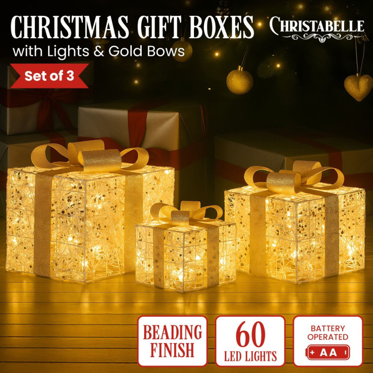 Christabelle Battery Operated Golden Christmas Gift Boxes with Lights & Gold Bows - Set of 3 image 8