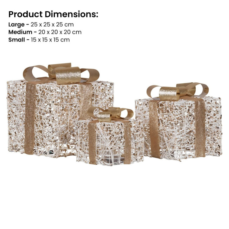 Christabelle Battery Operated Golden Christmas Gift Boxes with Lights & Gold Bows - Set of 3 image 3