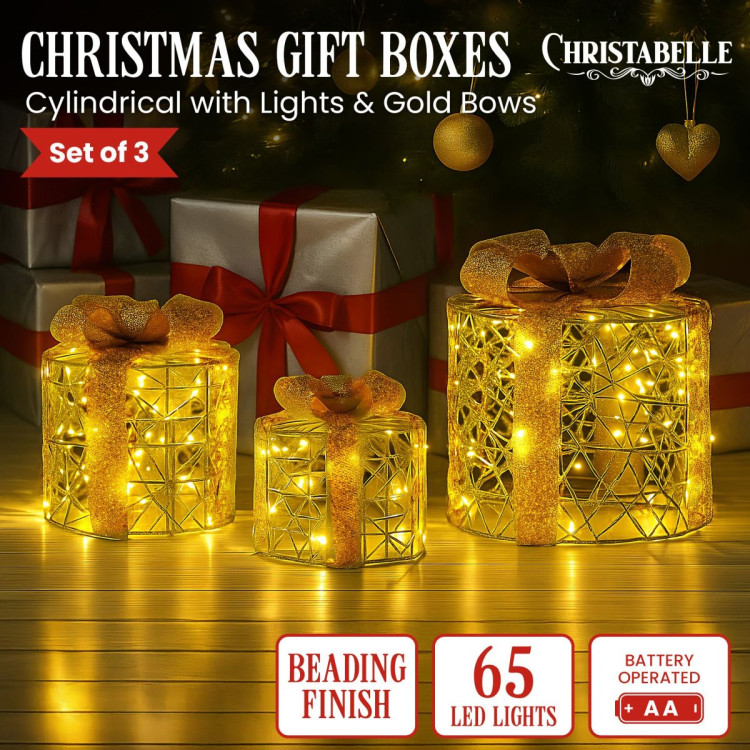 Christabelle Set of 3 Battery Operated Golden Cylindrical Christmas Gift Boxes w/Warm LED Lights Indoor Holiday Present image 8