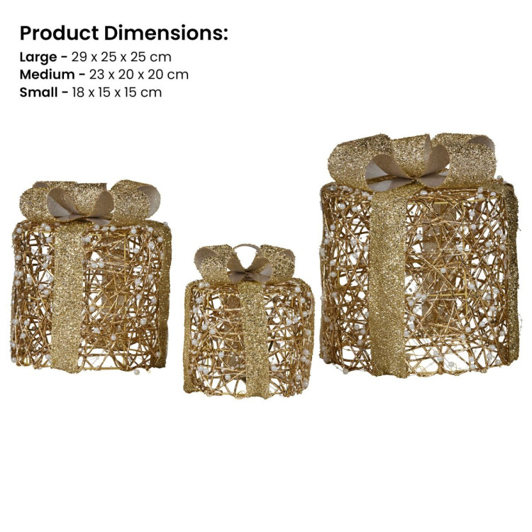 Christabelle Set of 3 Battery Operated Golden Cylindrical Christmas Gift Boxes w/Warm LED Lights Indoor Holiday Present image 3