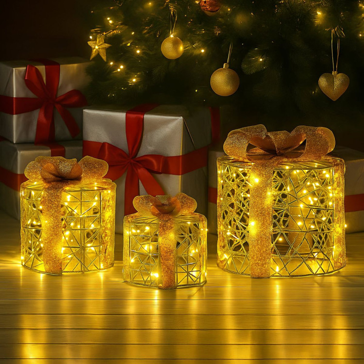 Christabelle Set of 3 Battery Operated Golden Cylindrical Christmas Gift Boxes w/Warm LED Lights Indoor Holiday Present image 6