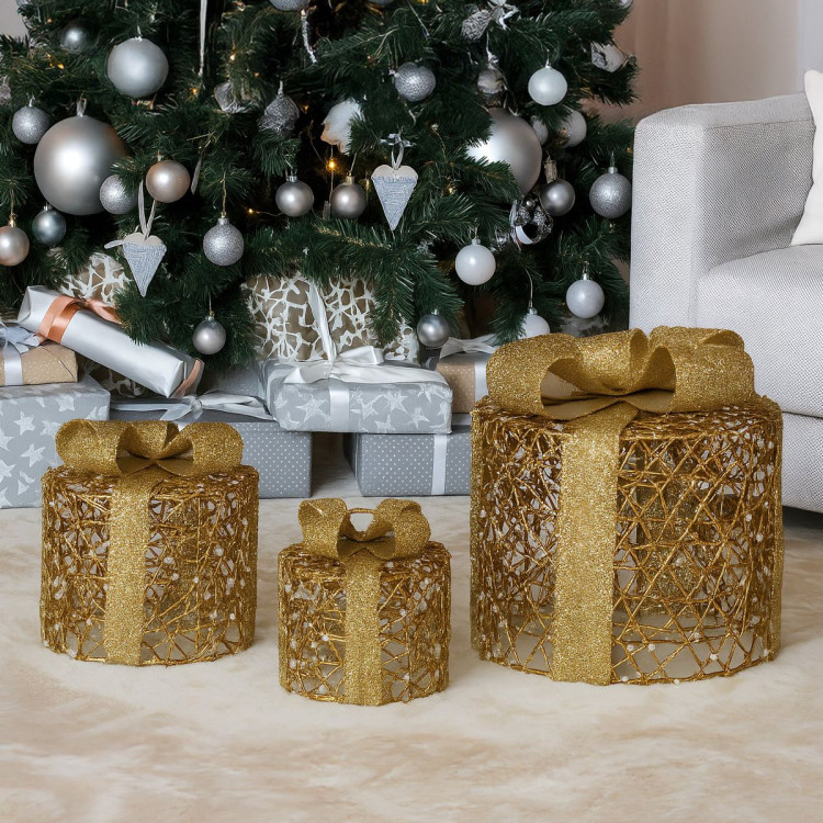 Christabelle Set of 3 Battery Operated Golden Cylindrical Christmas Gift Boxes w/Warm LED Lights Indoor Holiday Present image 7