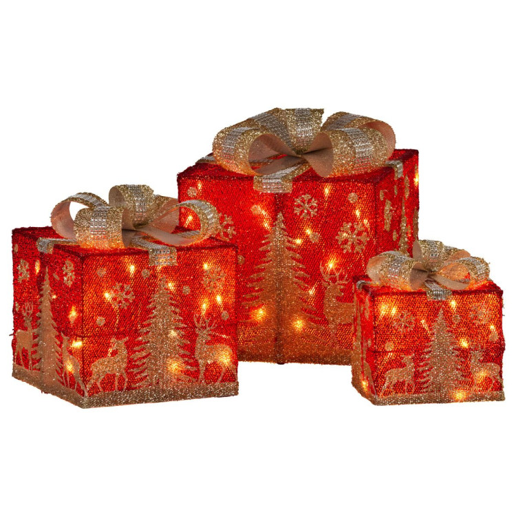 Christabelle Set of 3 Christmas Gift Box Display with LED Lights and Bows Decoration Ornament