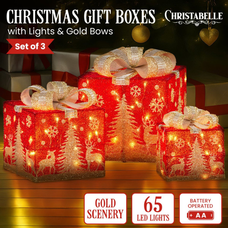 Christabelle Set of 3 Christmas Gift Box Display with LED Lights and Bows Decoration Ornament image 7