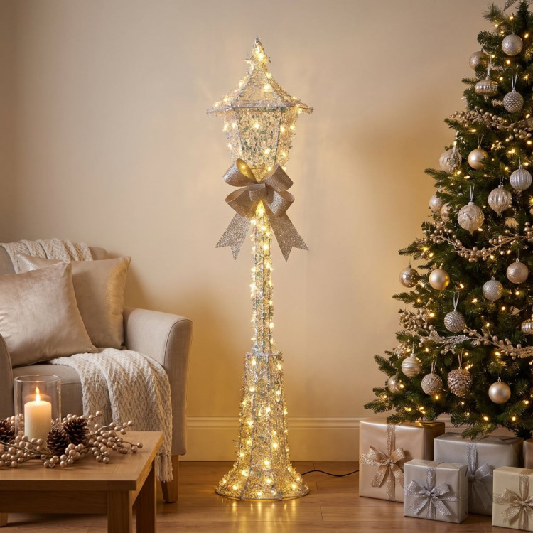 Christabelle 1.5m Lamp Post Christmas Light Up Display Silver Bows Warm White LED Outdoor Indoor Xmas Yard Lawn Statue image 9